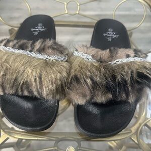 Faux Fur Slide Sandals with Braided Trim - Black & Brown